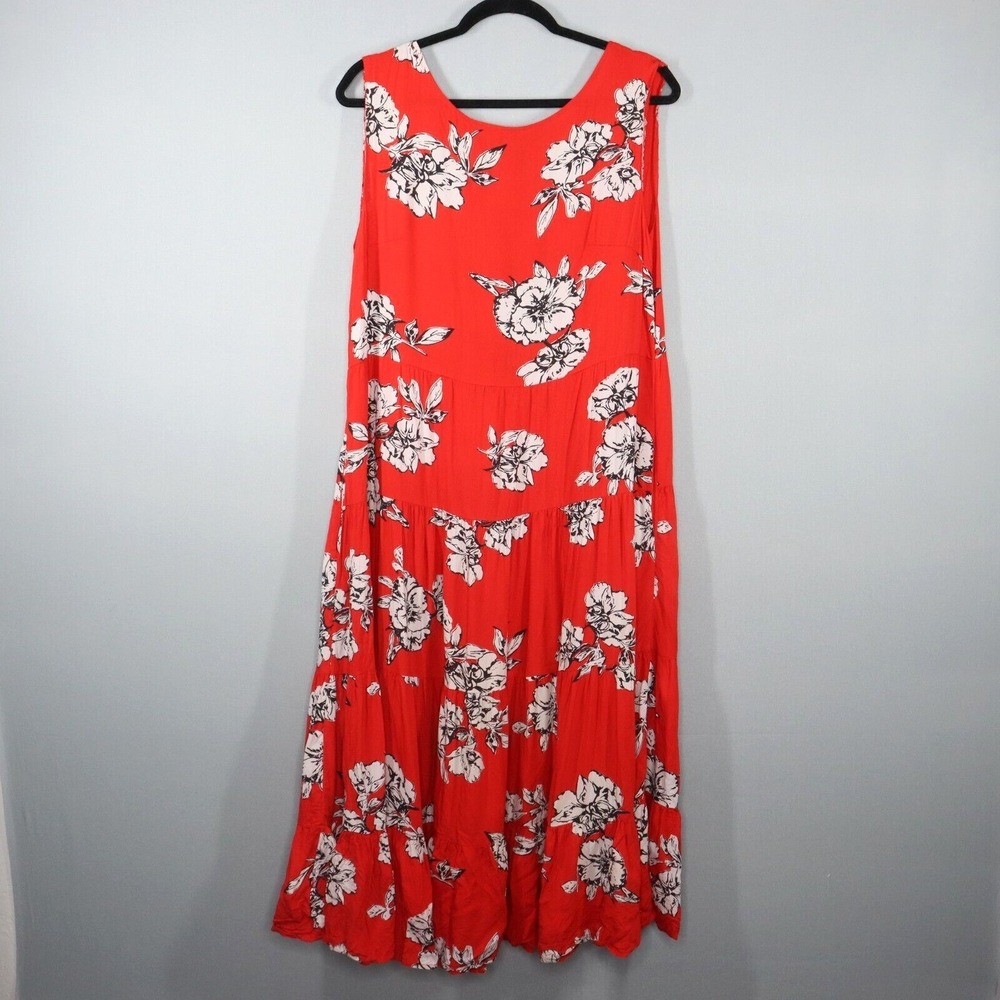 Free People Midi Dress Size M Rita Tiered Flowy Red Floral Print Scoop Open Back
